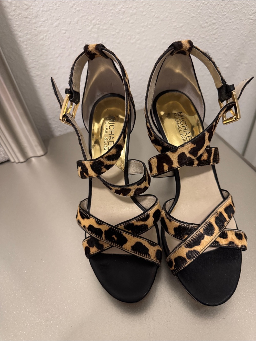 MICHAEL Michael Kors Leopard-Print Strappy Sandals with Black and Gold Accents